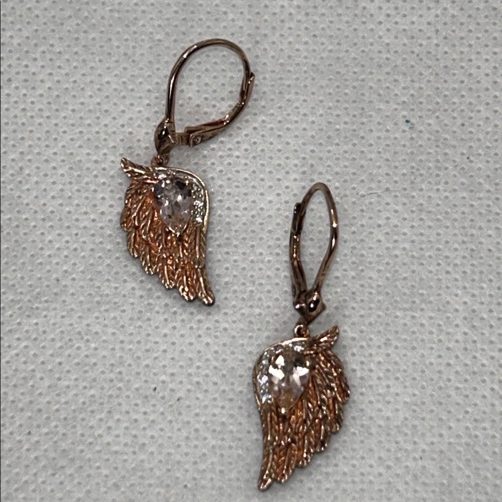 NWOT Rose Gold Plated Sterling Silver Genuine Morganite Angel Wing Earrings